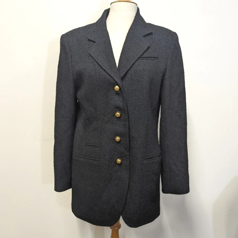 Vintage Black Boucle Blazer Long line Gold Buttons 8 Wool Lined